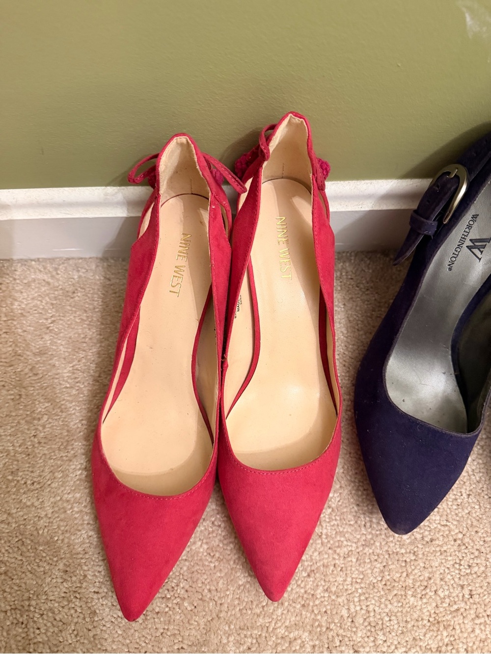 Nine West Red Pointed-Toe Suede Ankle-Tie Pumps